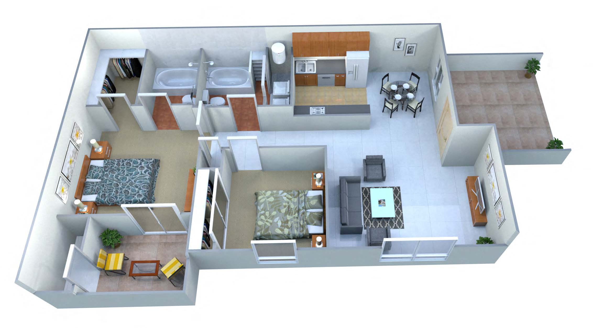 Floor plan for 2 beds, 2 baths, 836 sqft